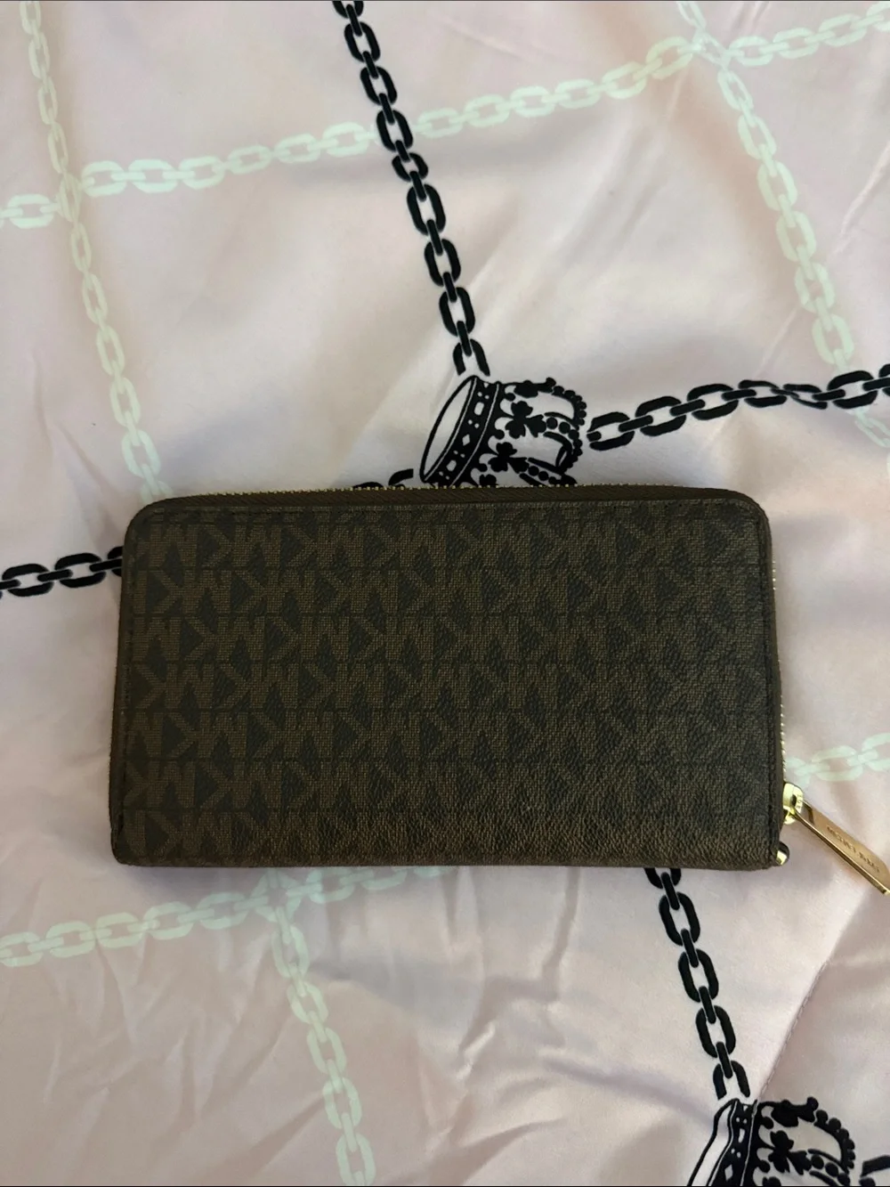 Michael Kors Brown Monogram Zip-Around Card Holder with Gold Logo